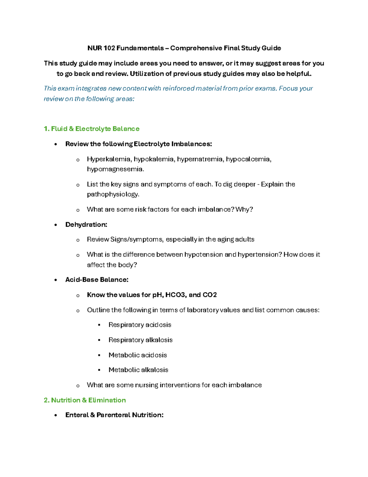 NUR 102 Fundamentals – Comprehensive Final Study Guide - Studocu