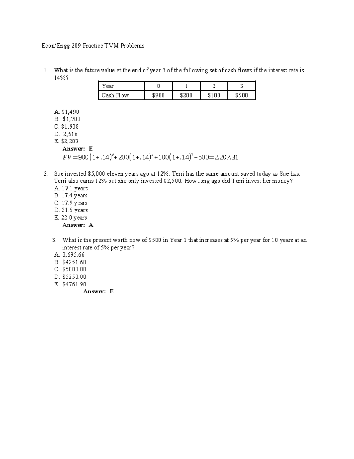 Econ/Engg 209 Final Exam Practice Problems on Time Value of Money - Studocu