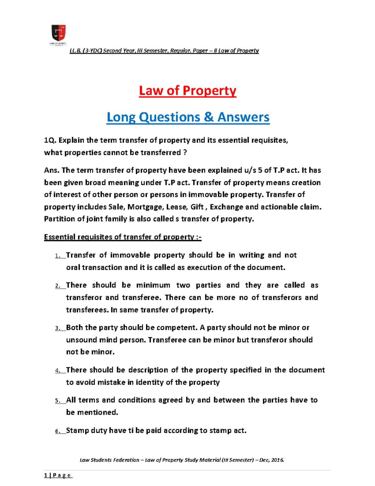 LL.B. Second Year, Semester Regular: Paper II Law of Property Long Q&A ...