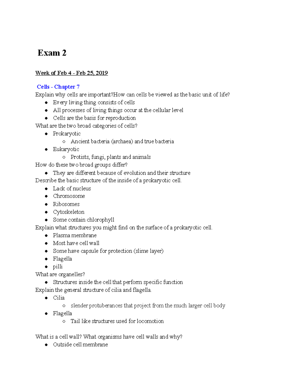 BIO 101 Study Guide Exam 2 - Exam 2 Week of Feb 4 Feb 25, 2019 Cells ...