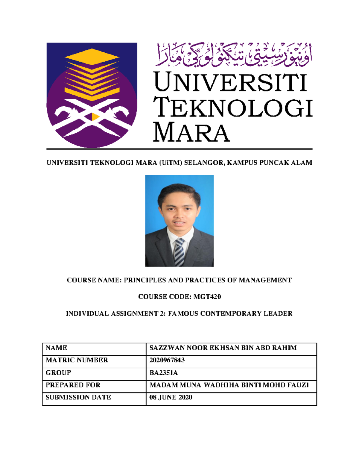 Individual Assignment 2 - UNIVERSITI TEKNOLOGI MARA (UiTM) SELANGOR ...