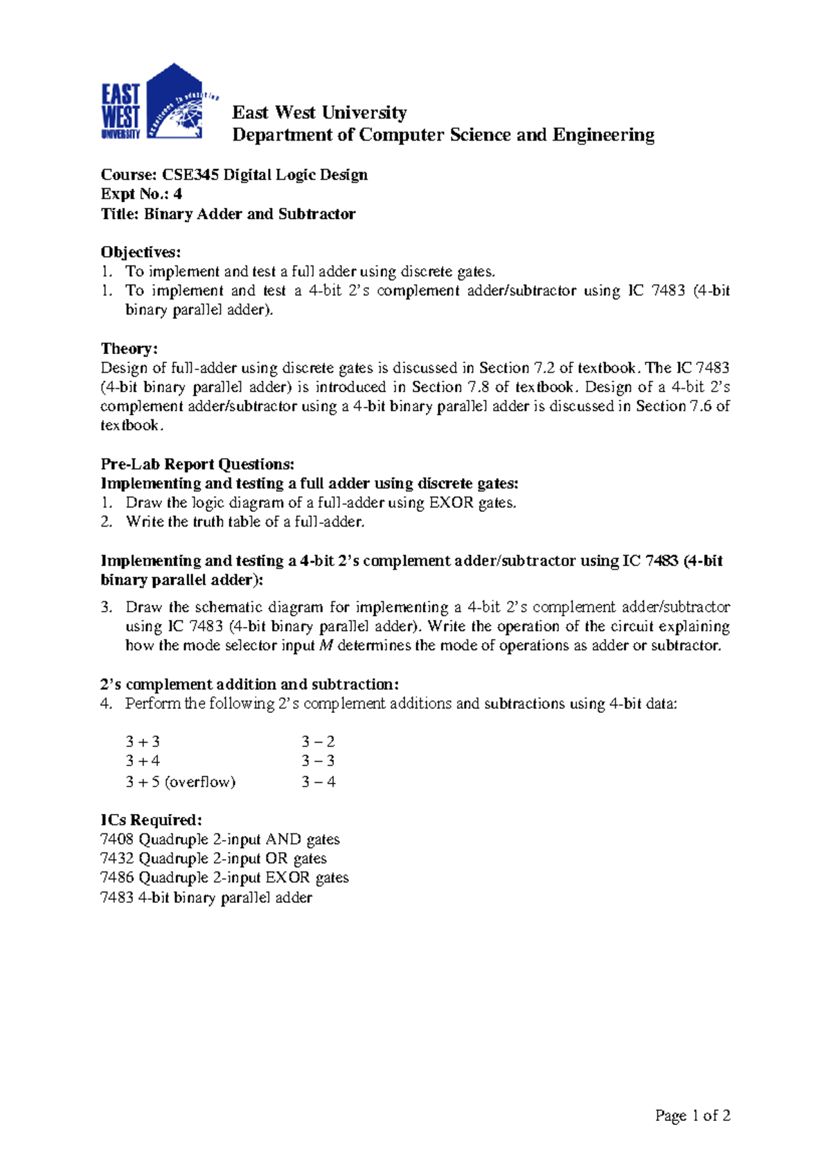 CSE345 Lab Manual 4: Binary Adder and Subtractor Experiment - Studocu ...