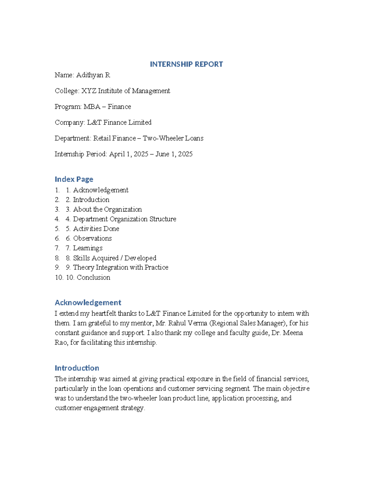 MBA Finance Internship Report at Finance Limited (April - June 2025 ...