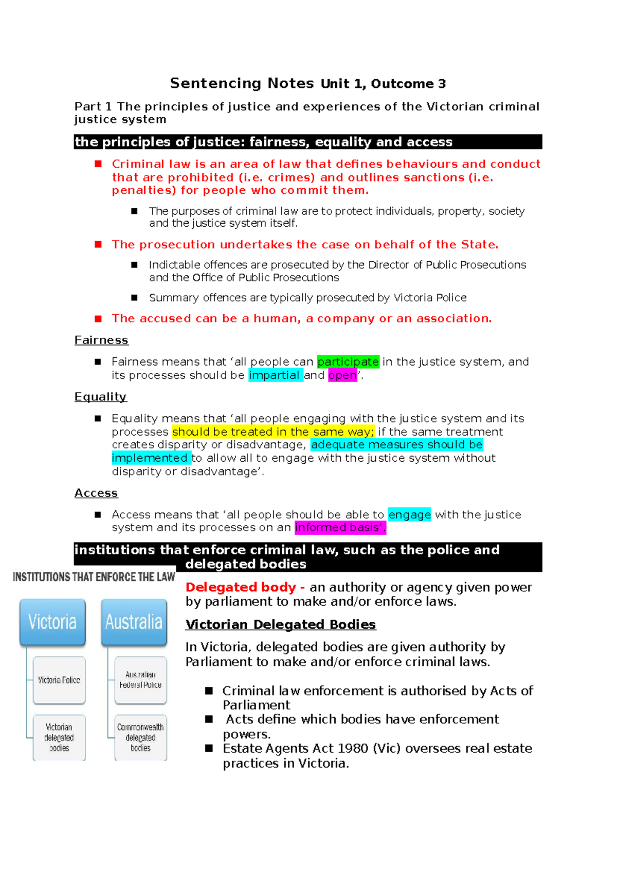 Sentencing Notes Unit 1: Principles of Justice in the Victorian ...