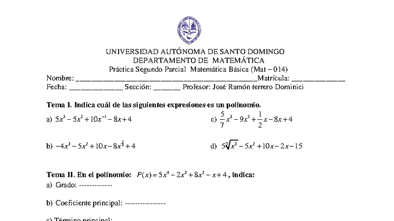 Práctica Segundo Parcial Matemática Básica (Mat 014) - Verano 2025 ...