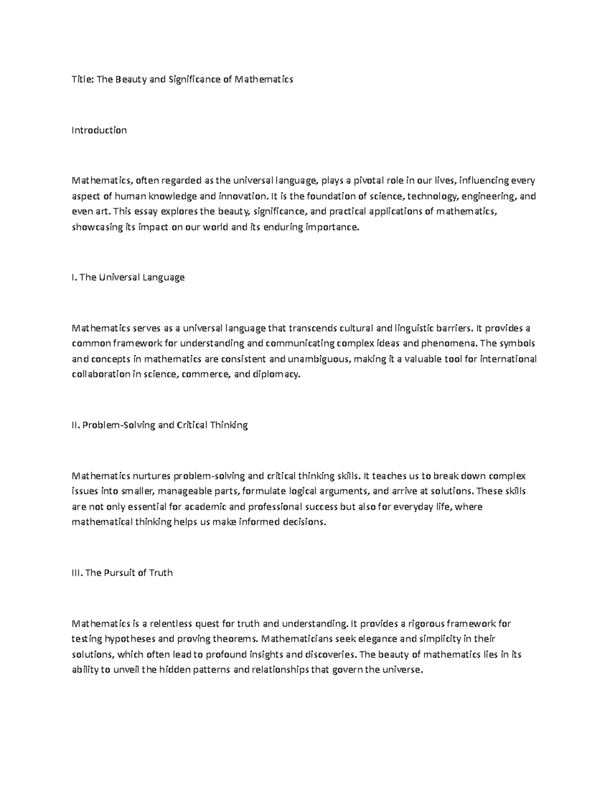 Math essay - Title: The Beauty and Significance of Mathematics ...
