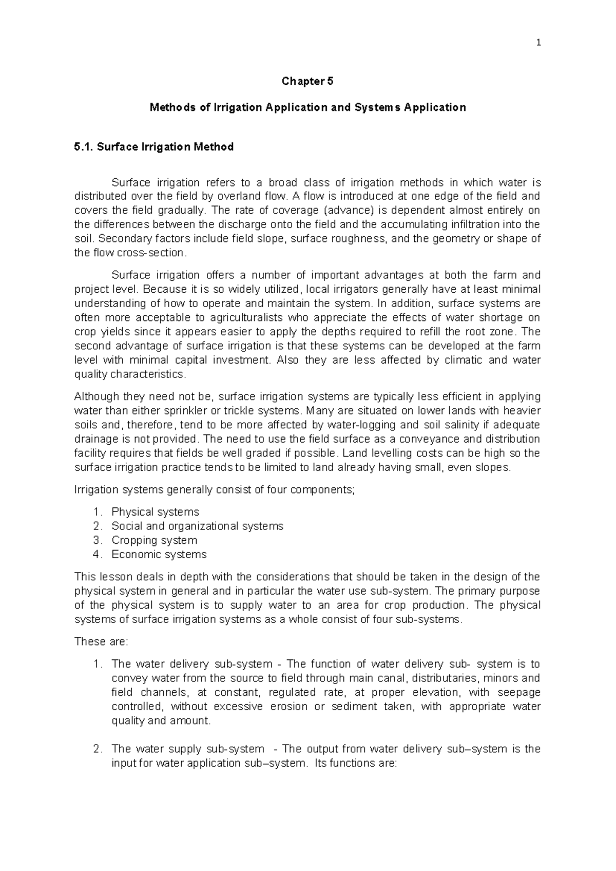 Chapter 5A: Surface Irrigation Methods and Systems Analysis - Studocu