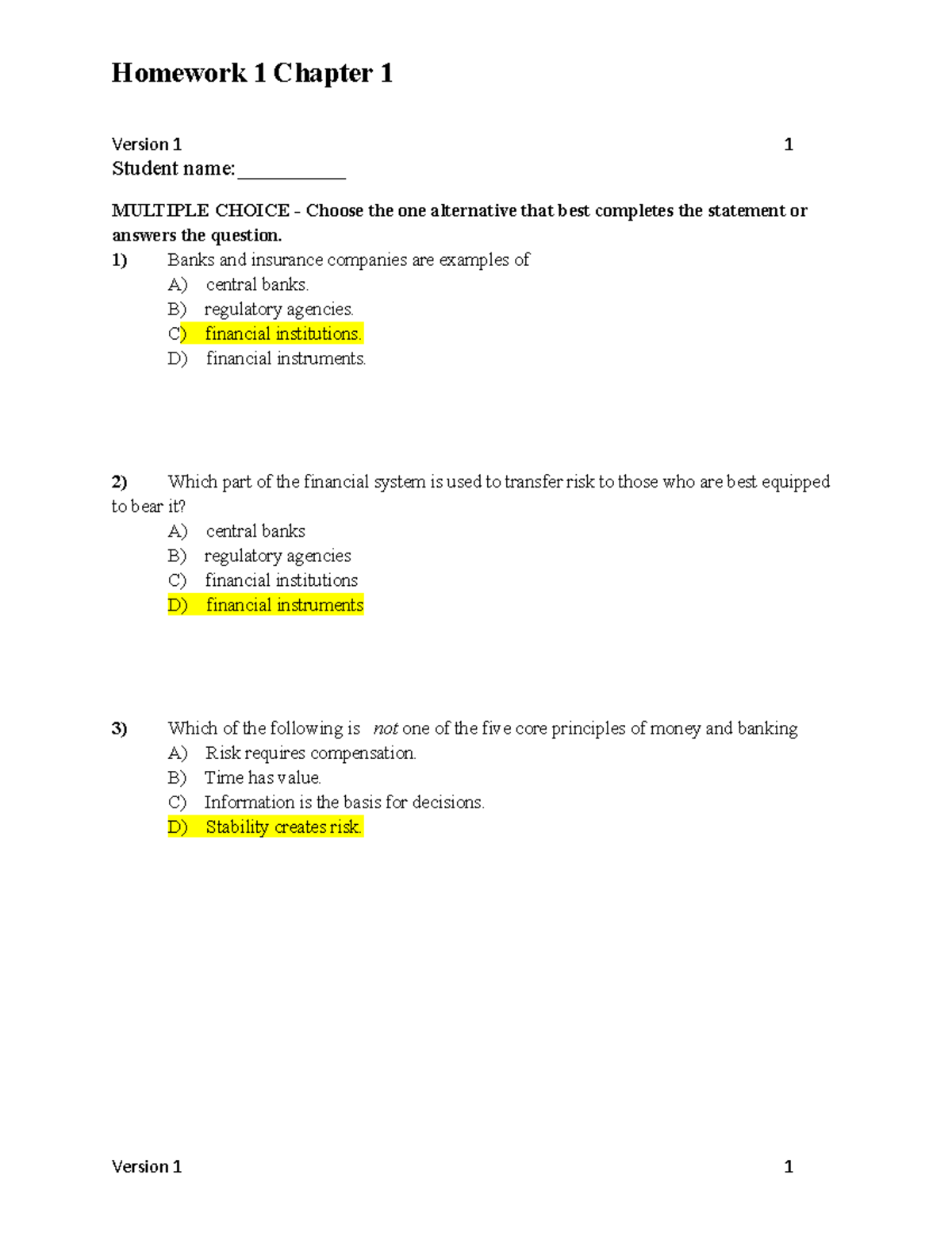 Chapter 1 Questions and Answers for FIN3315: Money and Banking - Studocu