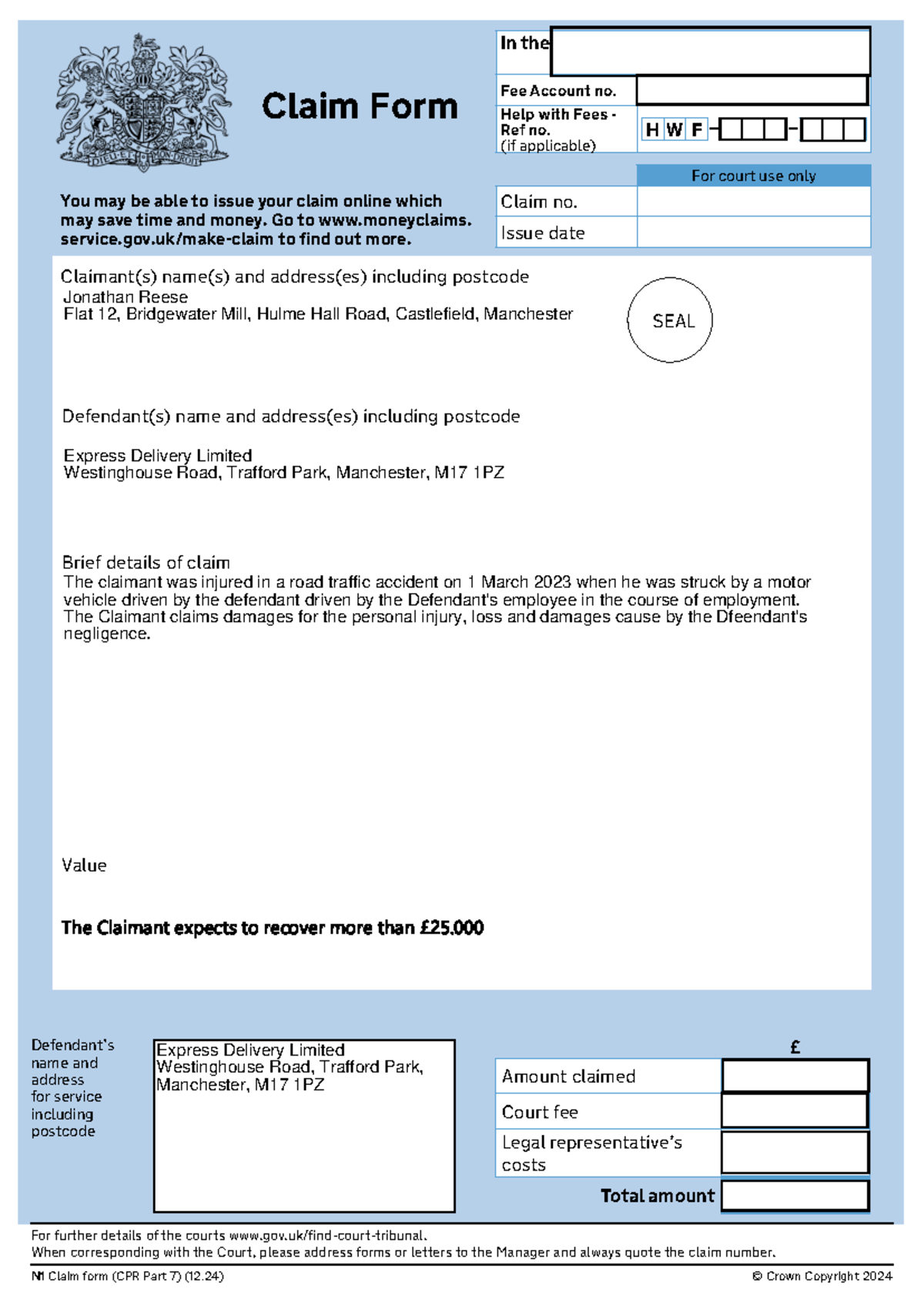 Claim Form N1: Personal Injury Claim for Road Traffic Accident - Studocu