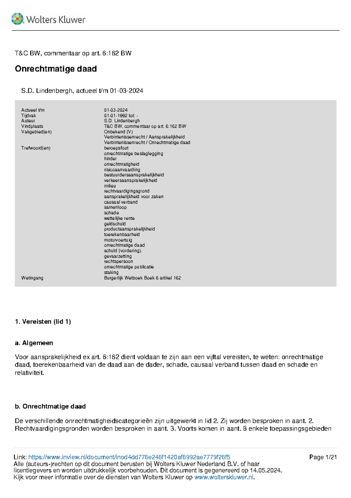 BW, Commentaar op Art. 6:162 BW - Onrechtmatige Daad en ...