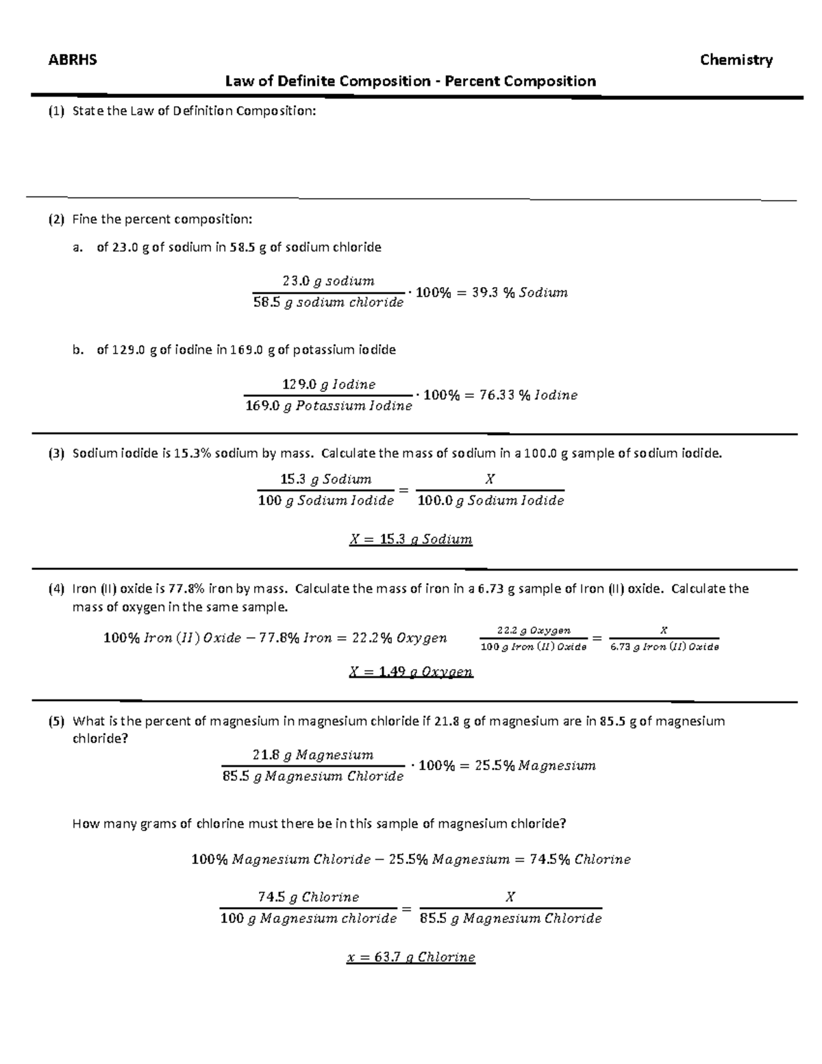 ABRHS Chemistry: Law of Definite & Percent Composition Notes - Studocu