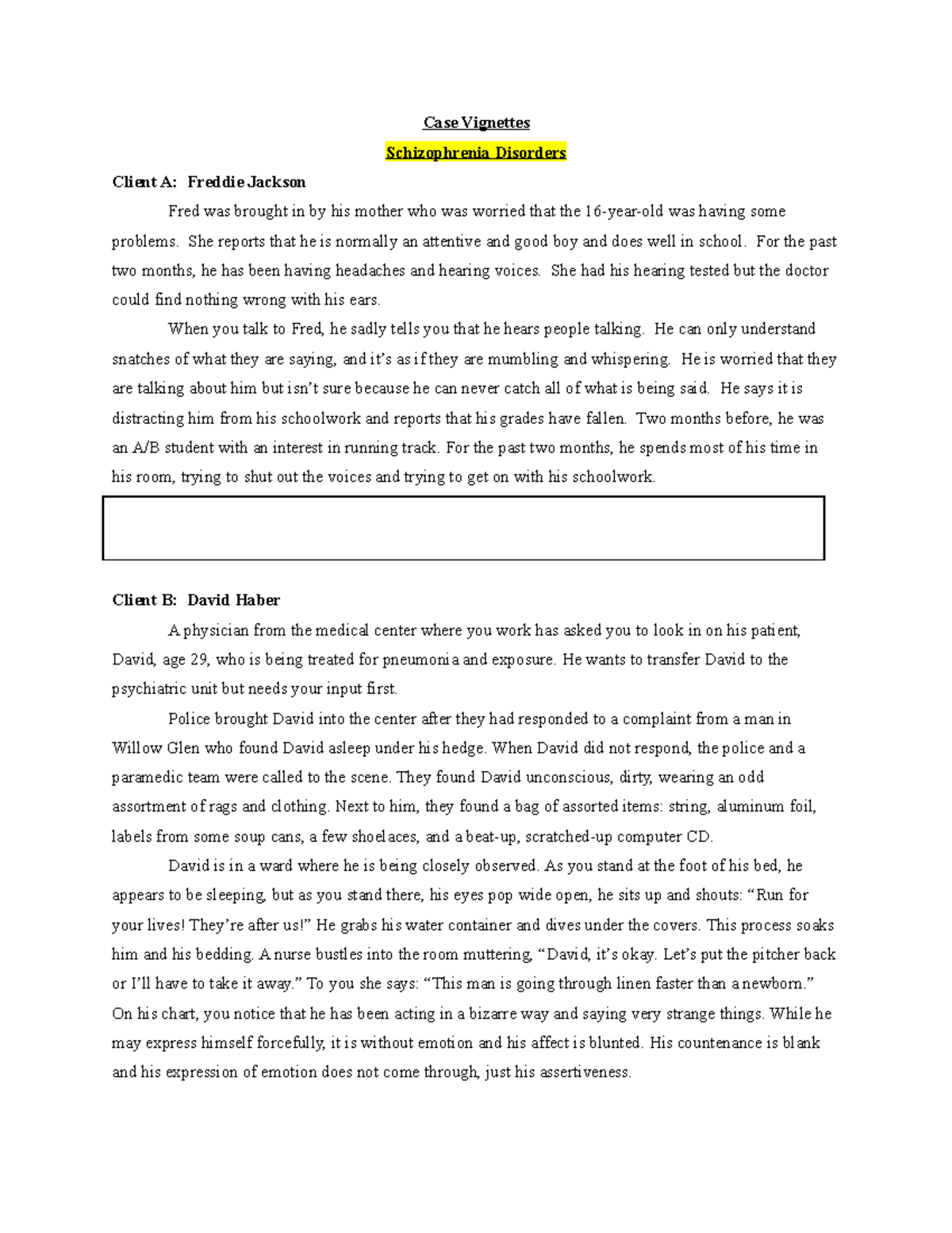 Schizophrenia Case Vignettes Study Guide: Client Insights and Analysis ...