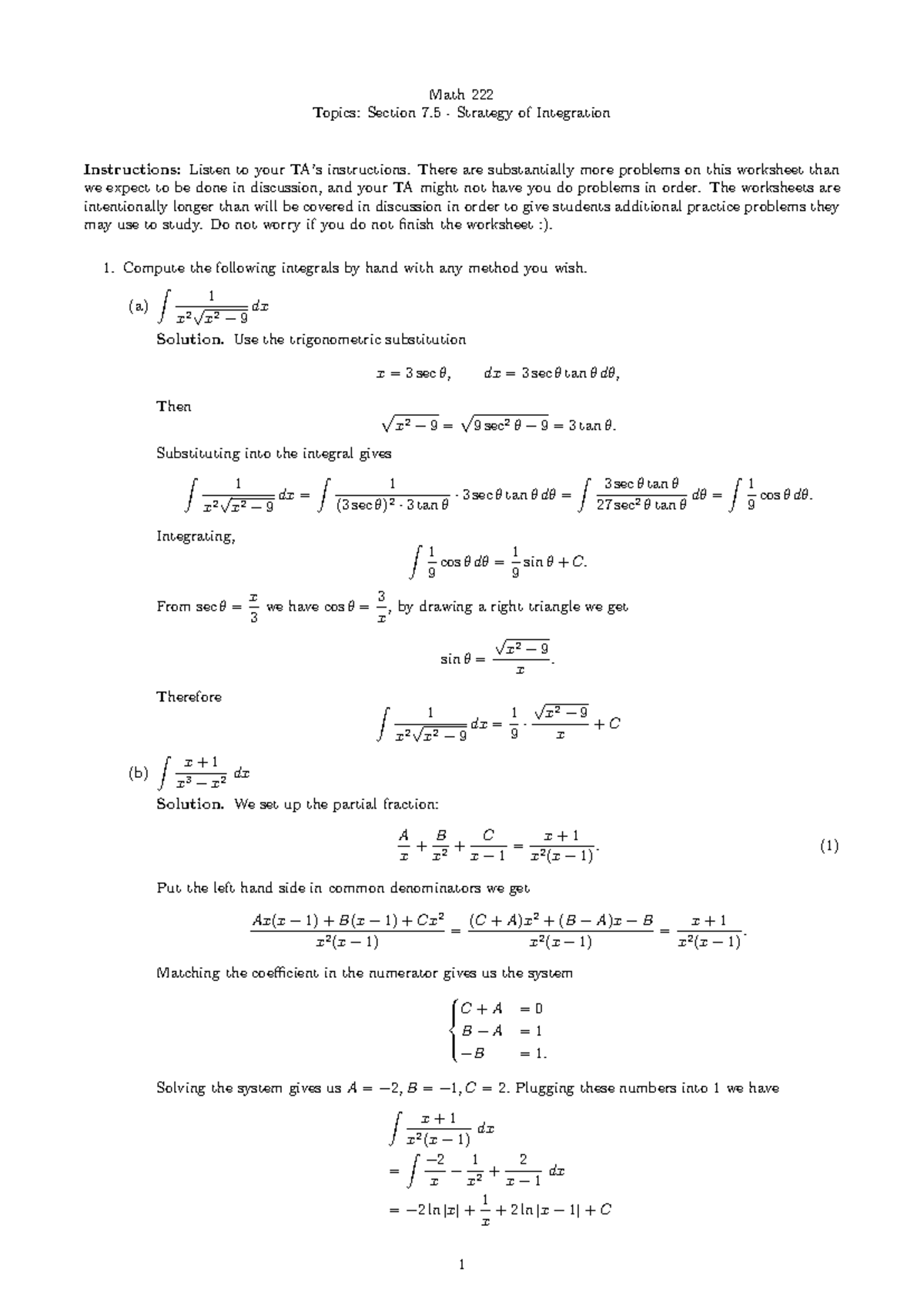 Math 222: Section 7.5 Integration Strategies Worksheet - Studocu