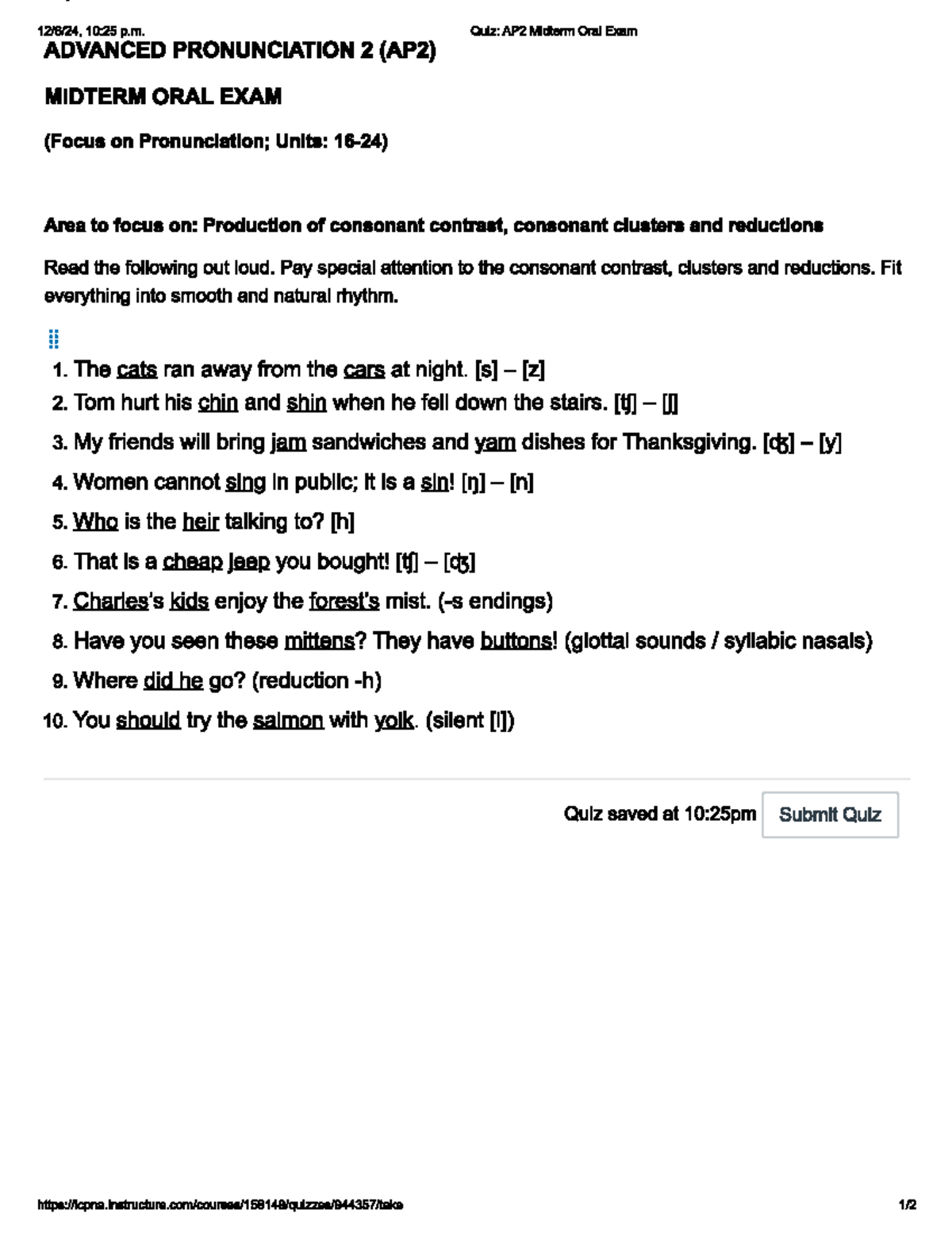 AP2 Midterm Oral Exam: Consonant Contrast & Clusters Focus - Studocu