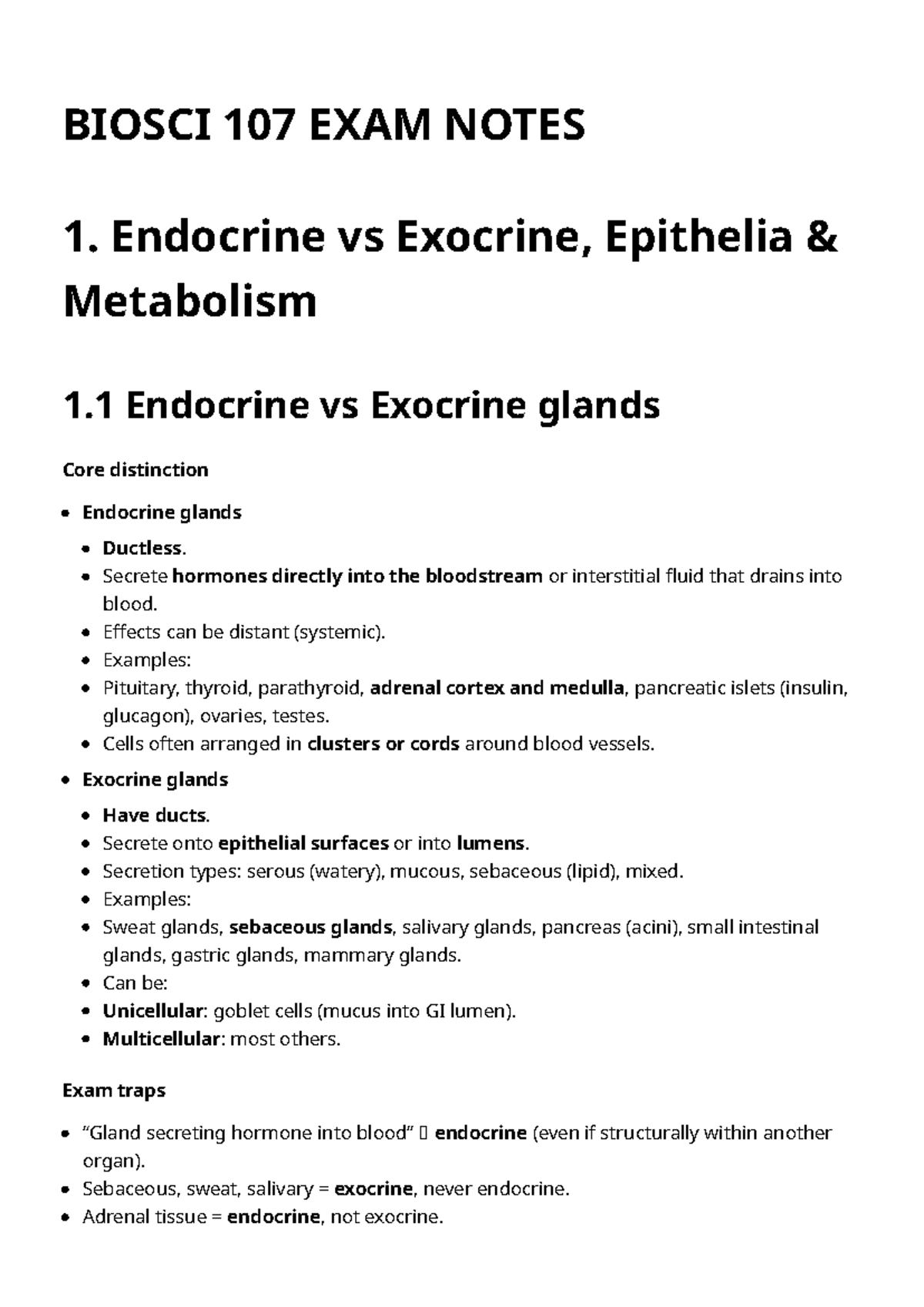 BIOSCI 107 FINAL EXAM NOTES: Endocrine, Exocrine, and Epithelia - Studocu