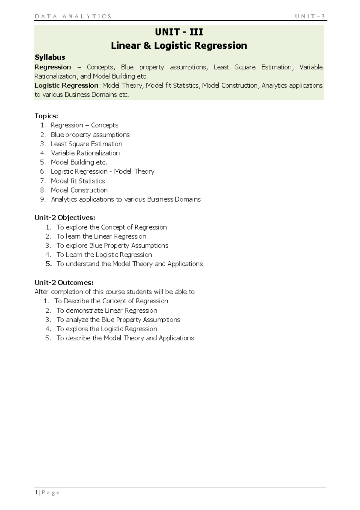 DATA ANALYTICS U3: Linear & Logistic Regression Concepts and ...