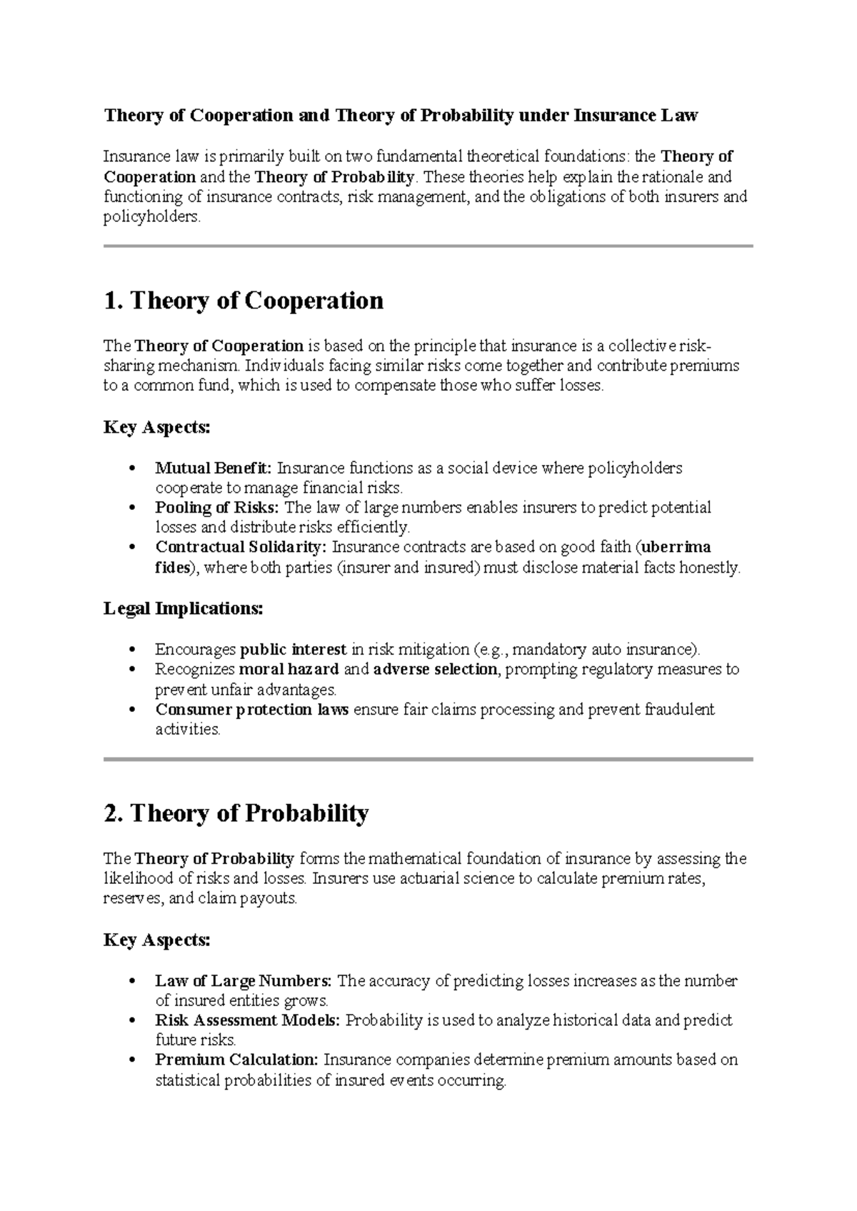 Theory of Cooperation & Probability in Insurance Law (INS101) - Studocu