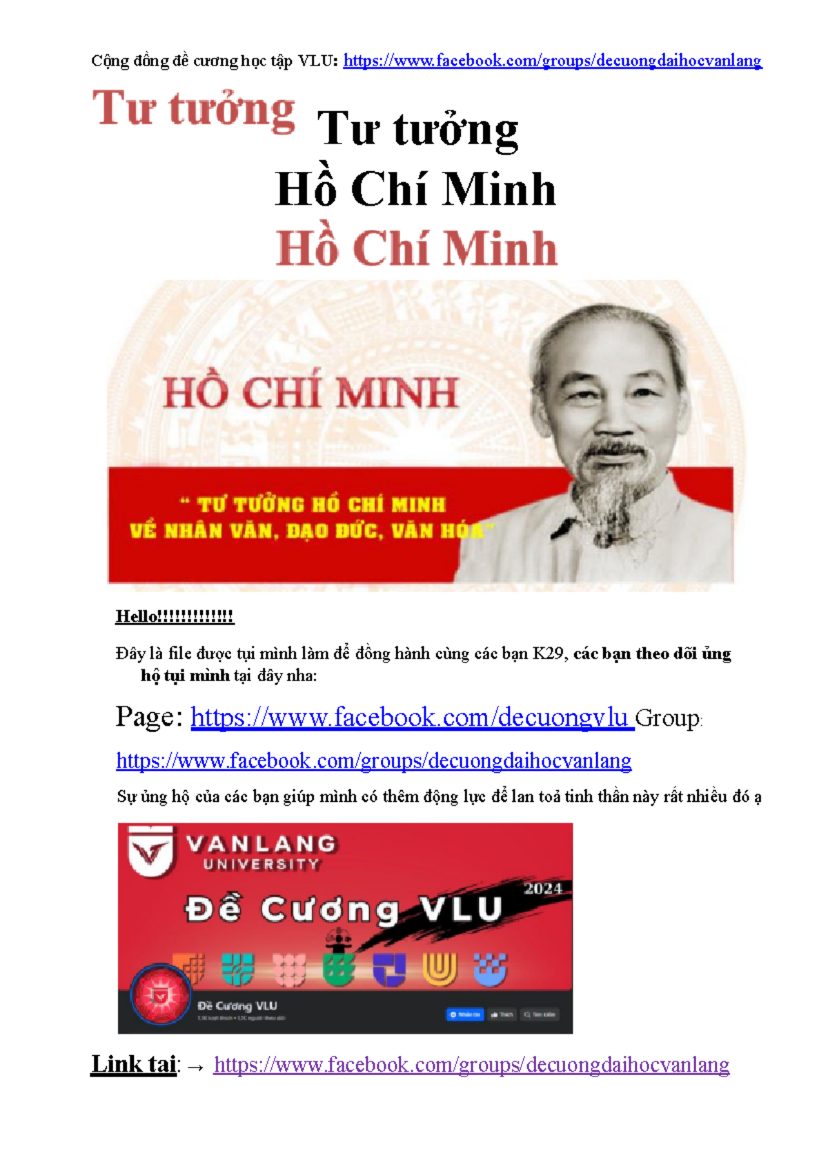 Tư Tưởng Hồ Chí Minh - Đề Cương Học Tập K29 Văn Lang - Document Preview