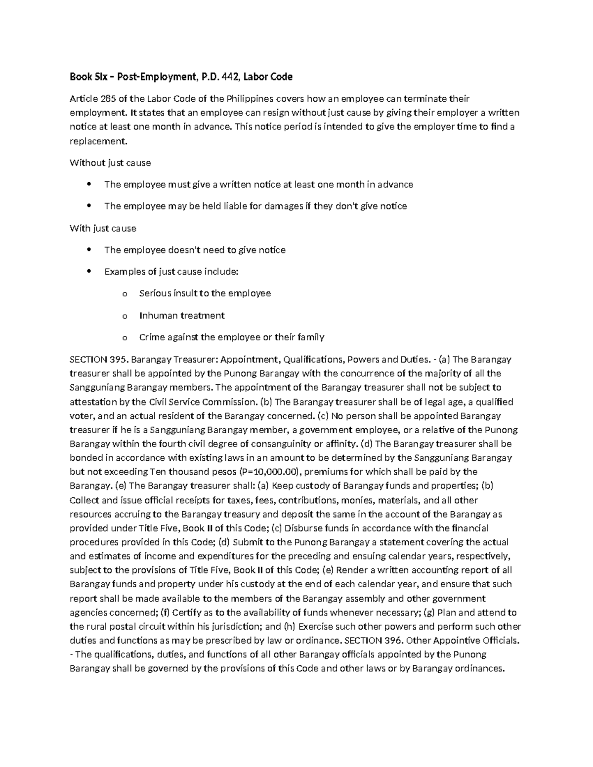 Labor Code of the Philippines: Article 285 on Employment Termination ...