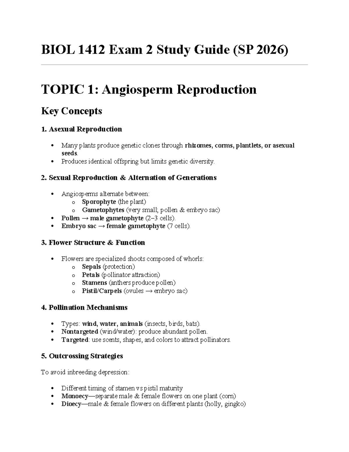 BIOL 1412 Exam 2 Study Guide (SP 2026): Angiosperm Reproduction ...