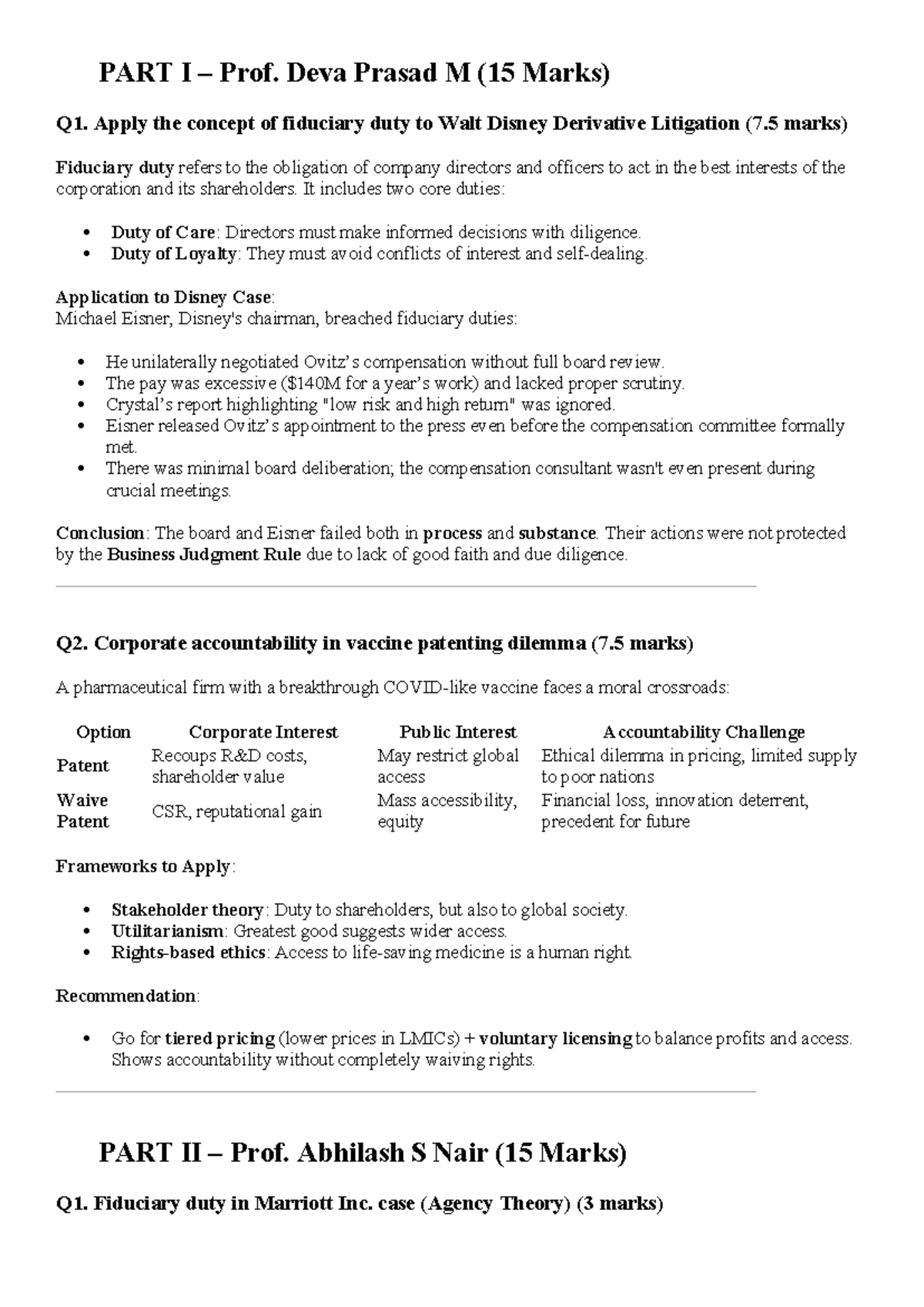 Qn A LCA - Notes on Fiduciary Duty & Corporate Accountability (15 Marks ...
