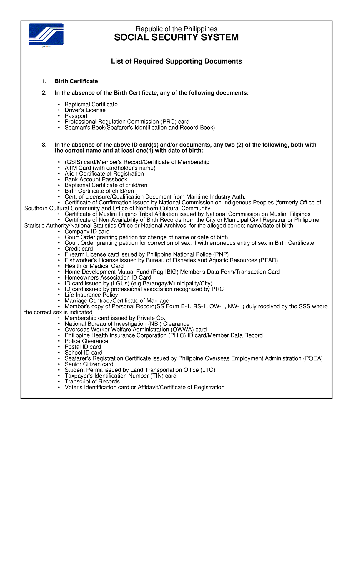 Philippines SSS Required Supporting Documents List - Studocu