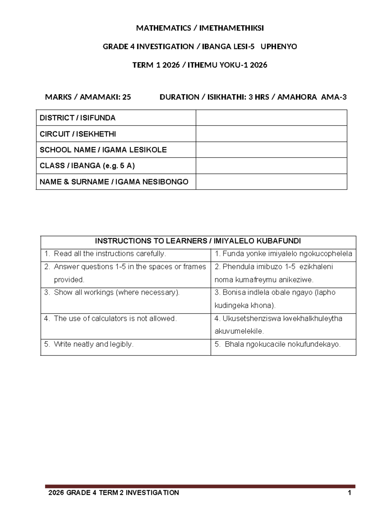 Grade 4 Mathematics Investigation: Geometric & Numeric Patterns TERM 2 ...