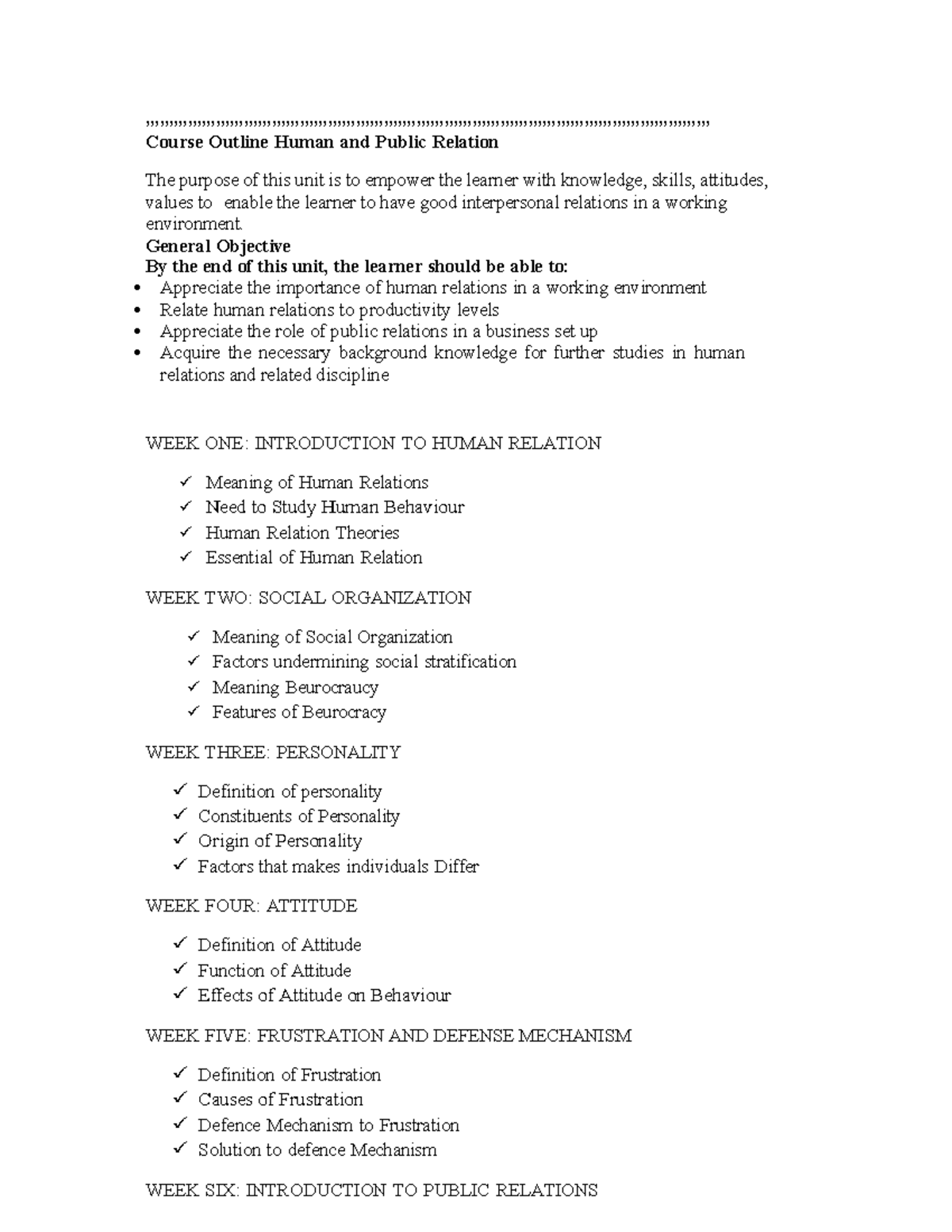 HRP 101: Course Outline & Notes on Human and Public Relations - Studocu