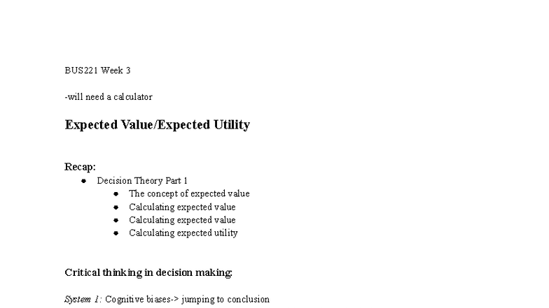 BUS221 Week 3 - Expected Utility & Decision Theory Recap - Studocu