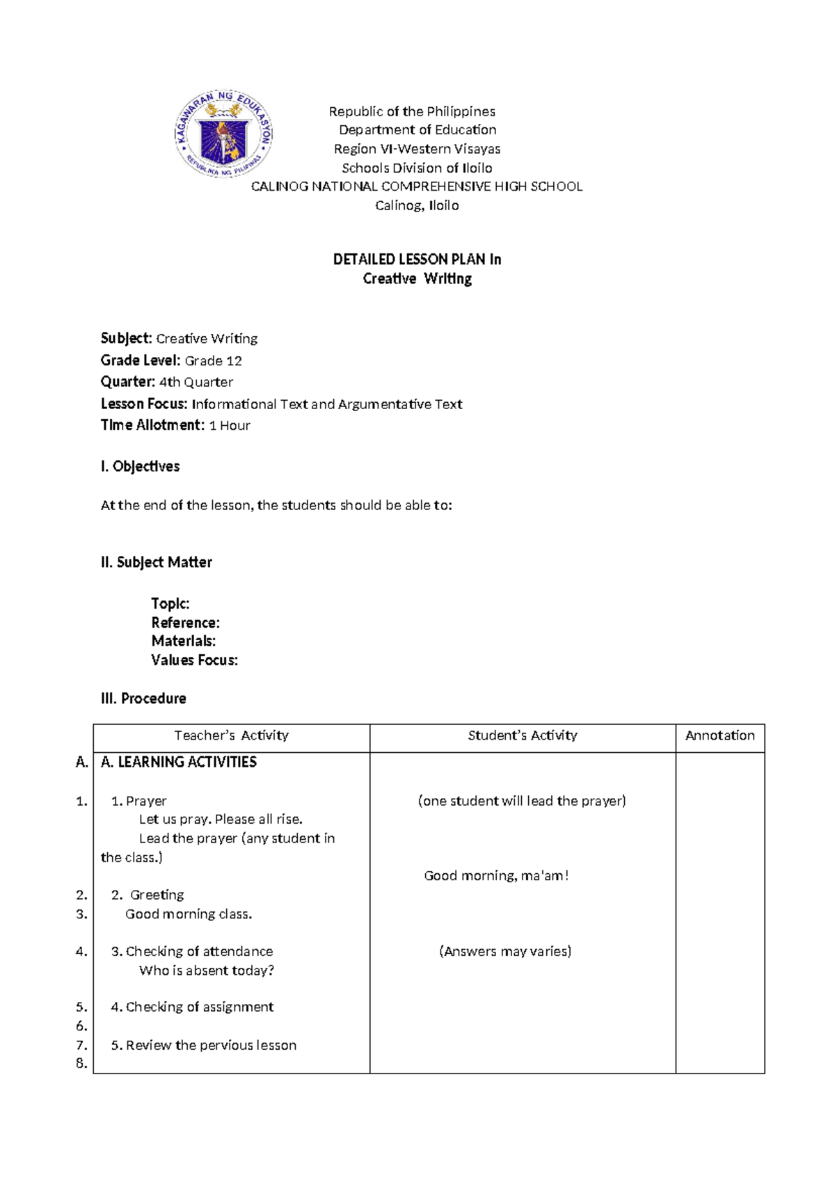 Detailed Lesson Plan: Creative Writing (Grade 12, 4th Quarter) - Studocu
