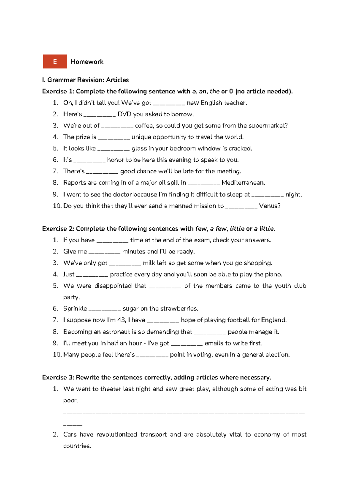 Homework I: Grammar & Vocabulary Exercises on Articles and Usage - Studocu