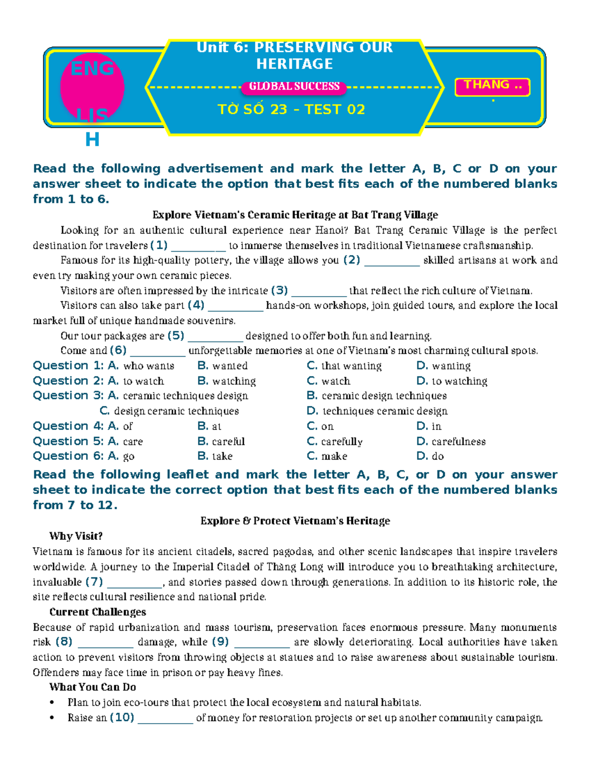 TỜ SỐ 23 TEST 02 UNIT 6: PRESERVING OUR HERITAGE - Studocu