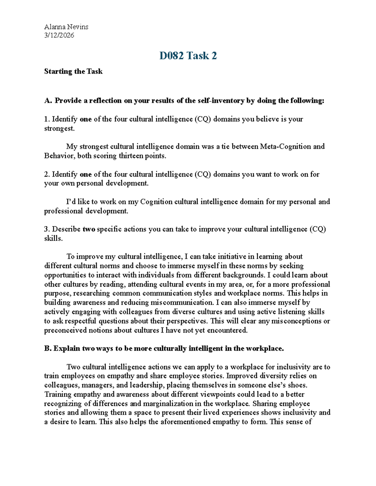 D082 Task 2 - Reflection on Cultural Intelligence Development - Studocu