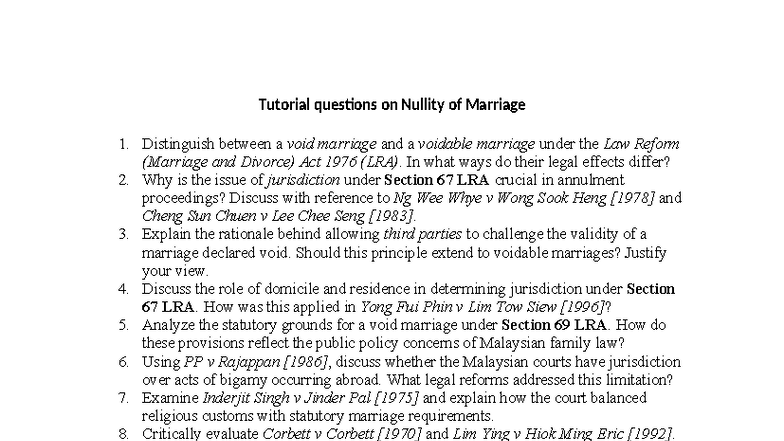 Tutorial Questions on Nullity of Marriage: Legal Perspectives & Case ...