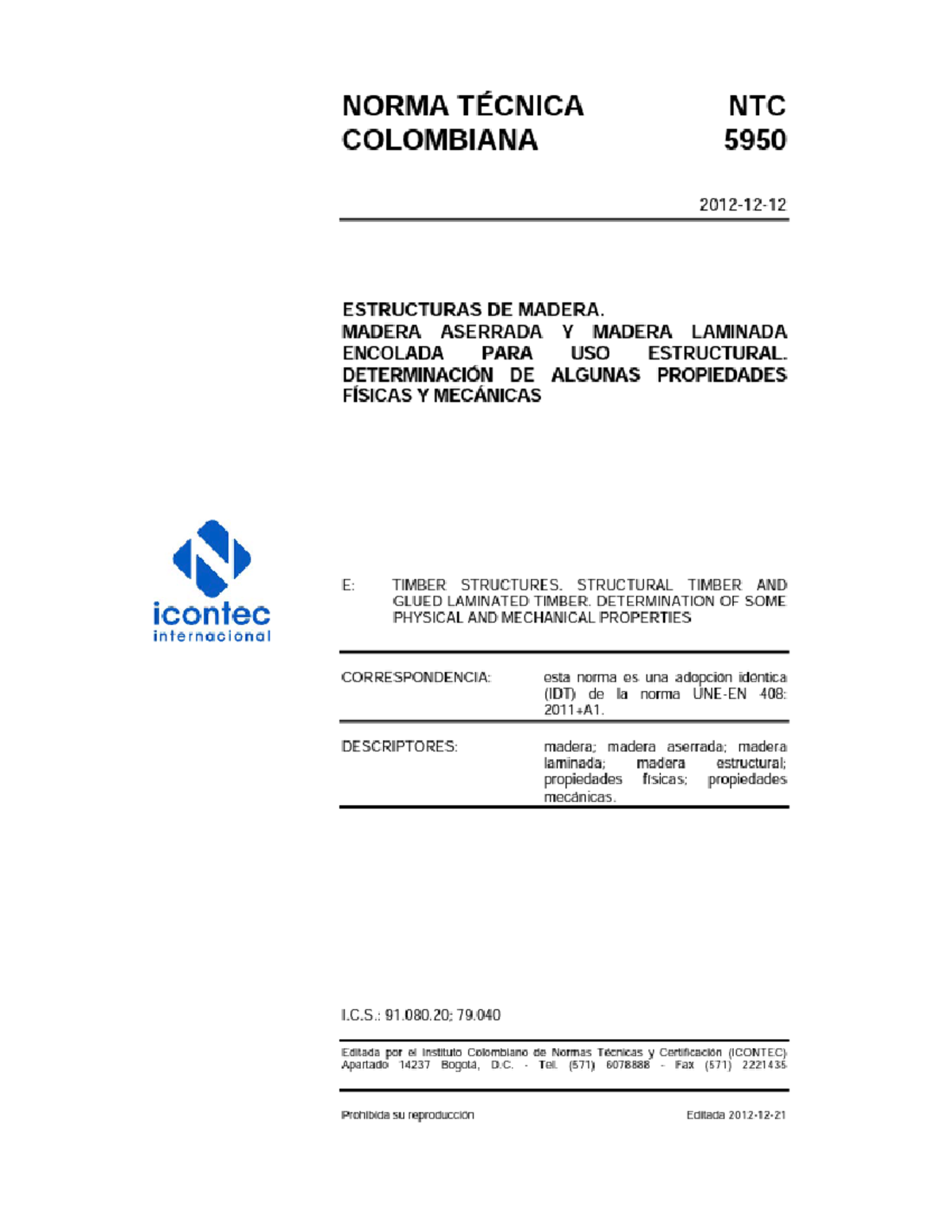 NTC 5950 Estructuras de Madera: Propiedades Físicas y Mecánicas - Document Preview