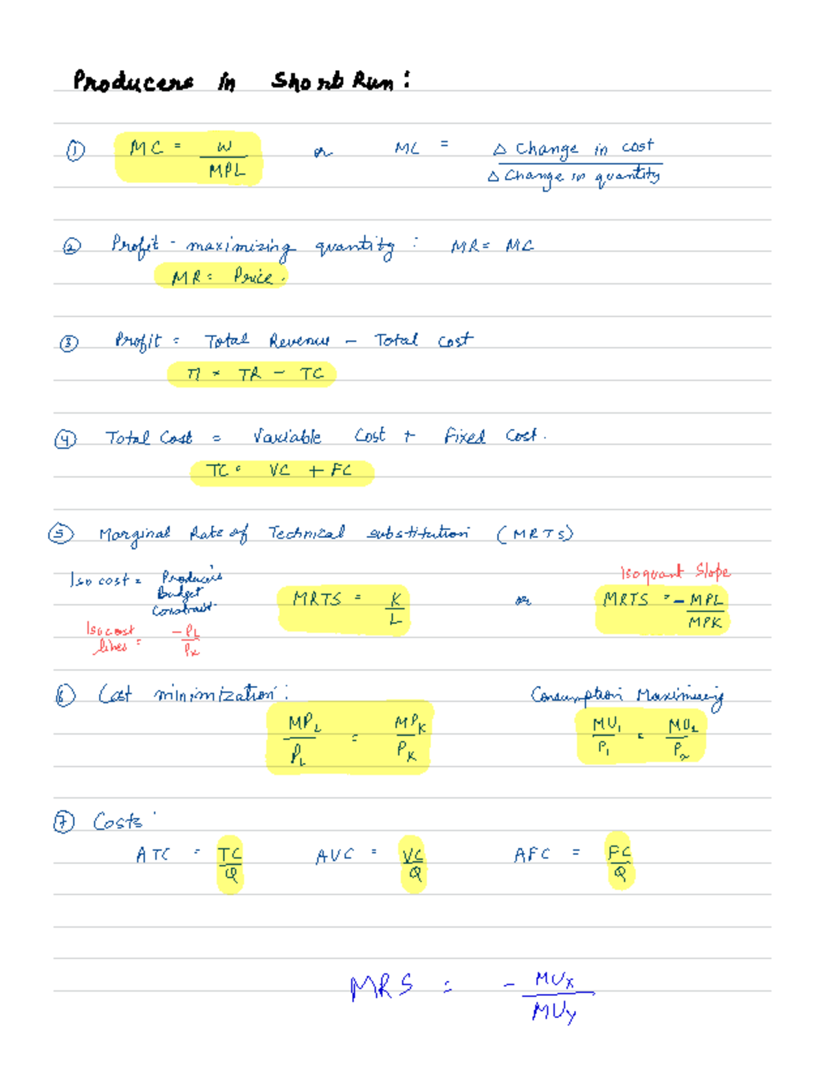 Eco101: Short Run Producer Analysis Formula Sheet - Studocu