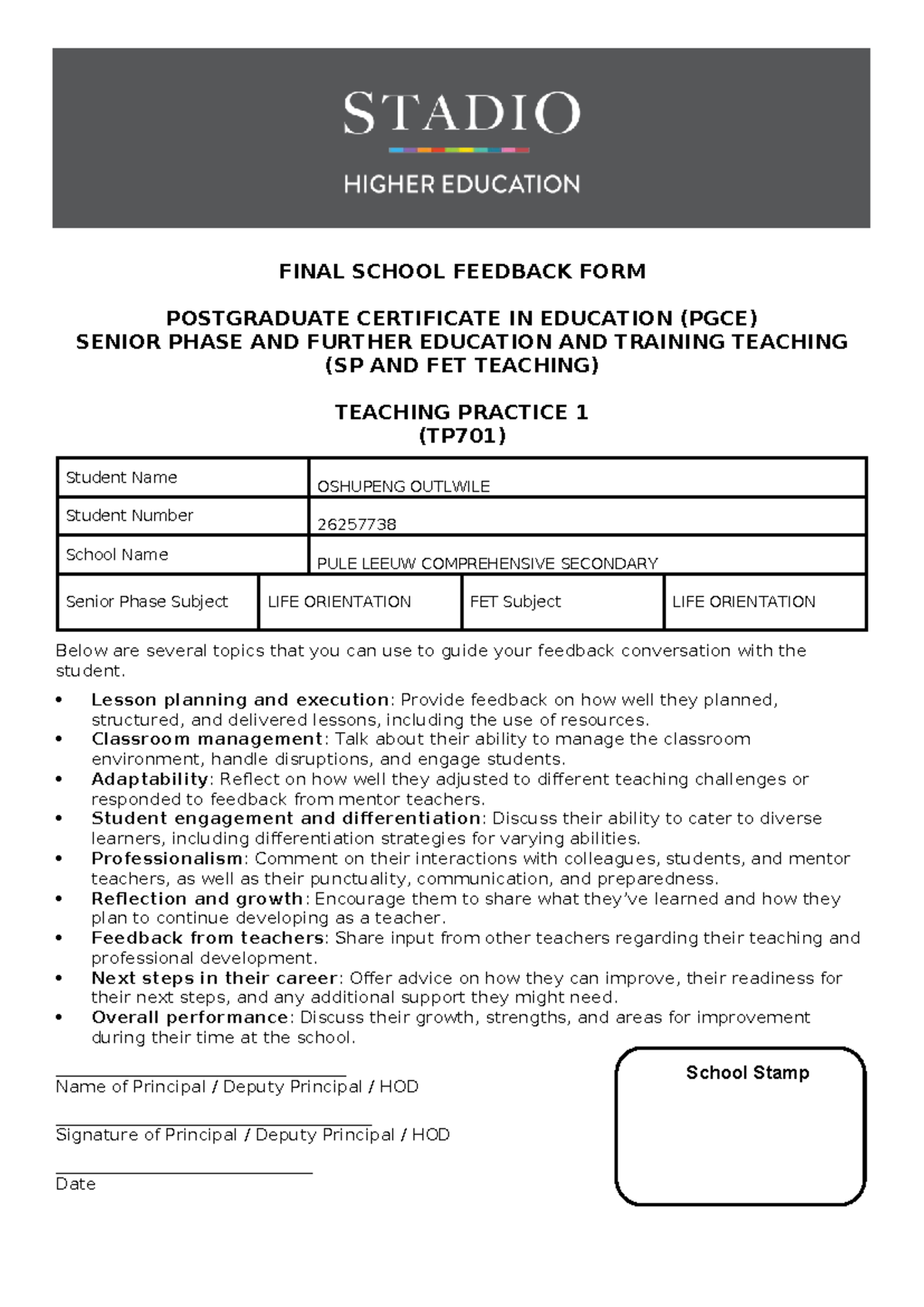 Final Feedback Form for PGCE Teaching Practice 1 (TP701) - Studocu