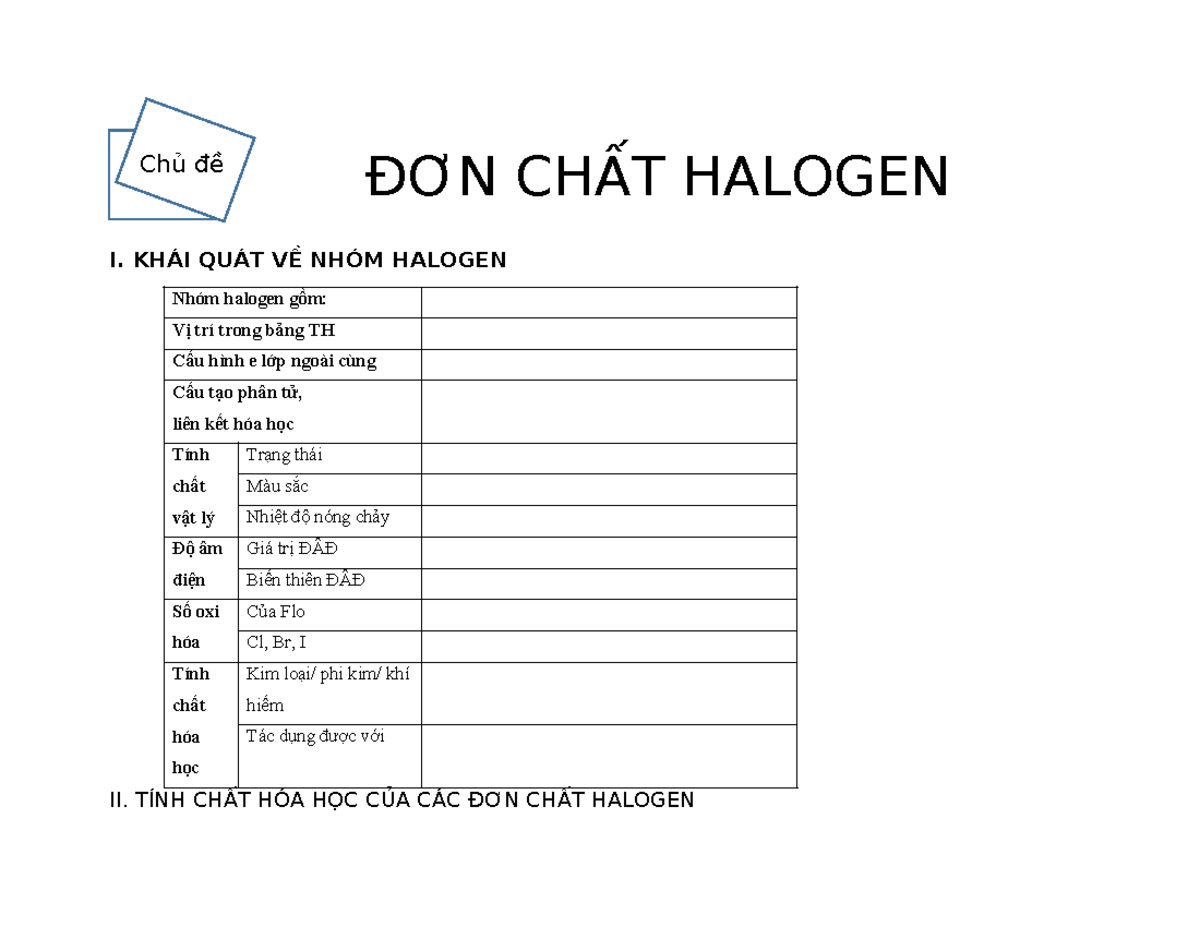 Chủ đề I. Tính Chất và Ứng Dụng của Nhóm Halogen (Hóa Học) - Studocu