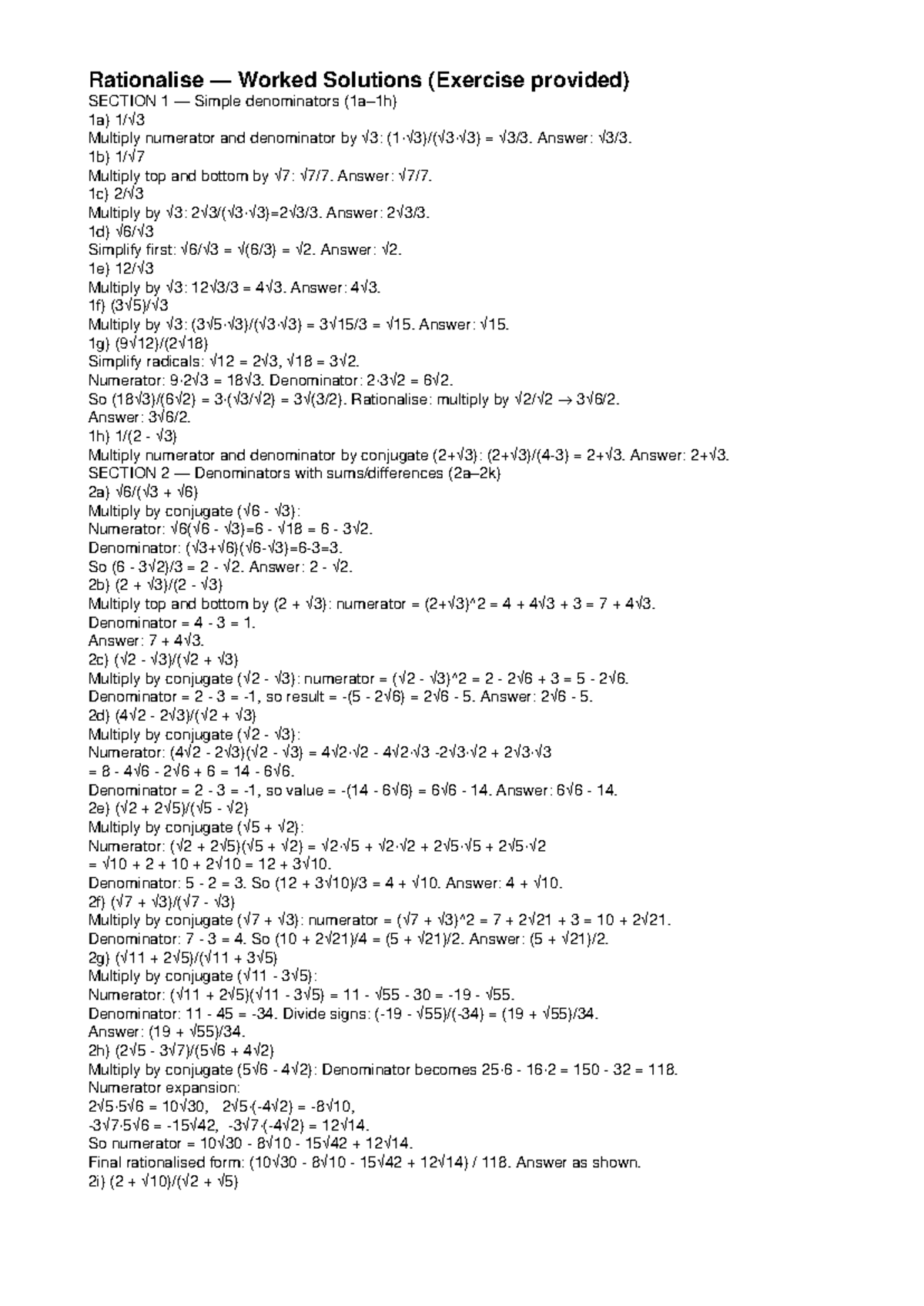 Rationalise Exercise Solutions: Worked Examples and Answers - Studocu