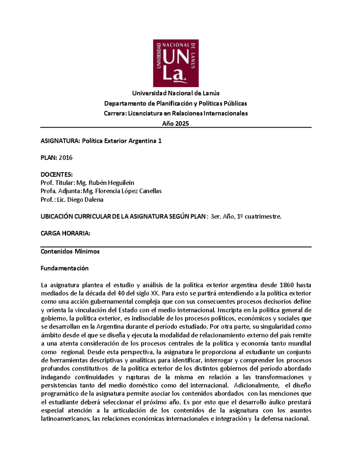 Programa Política Exterior Argentina 1 2025 - Universidad Nacional de ...