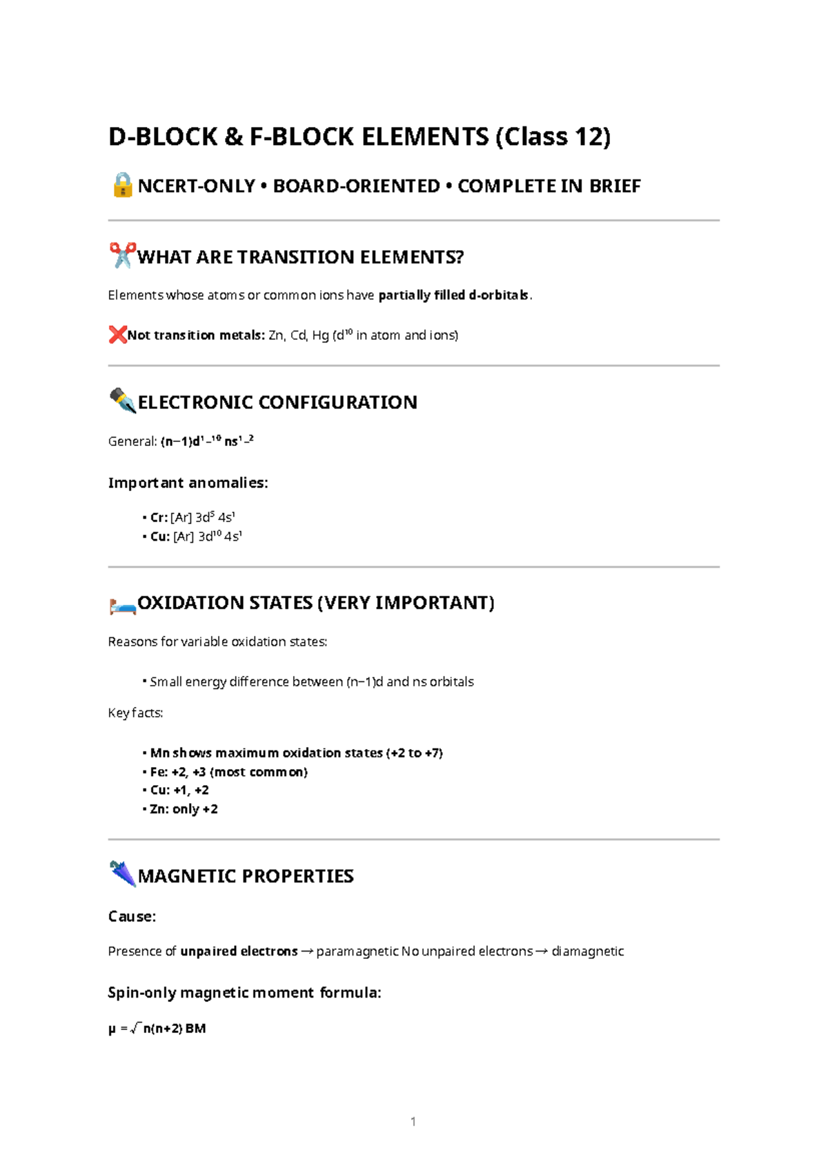 D‑block & F‑block Elements (Class 12) - Complete NCERT Notes - Studocu