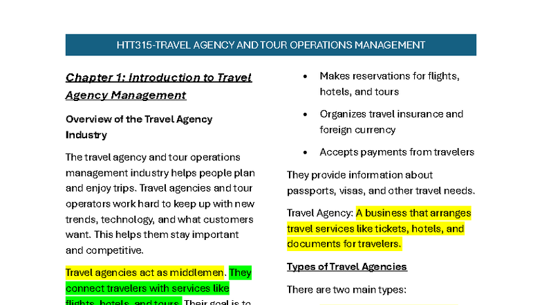 HTT315 Notes: A Comprehensive Guide to Travel Agency Management - Studocu