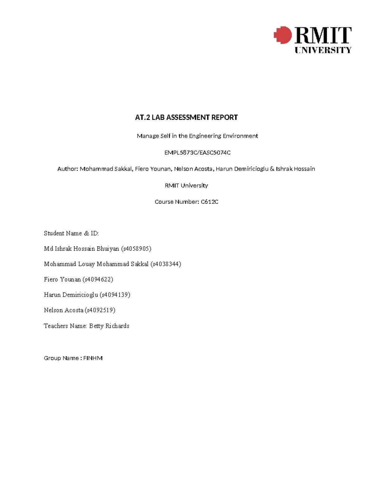 C612C Lab Assessment Report: Managing Self in Engineering Environment ...