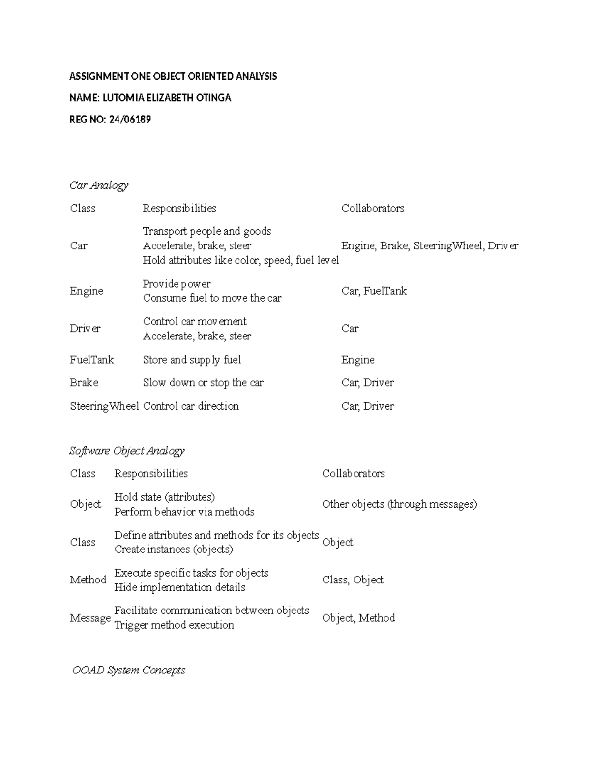 ASSIGNMENT ONE: Object Oriented Analysis Overview - Studocu