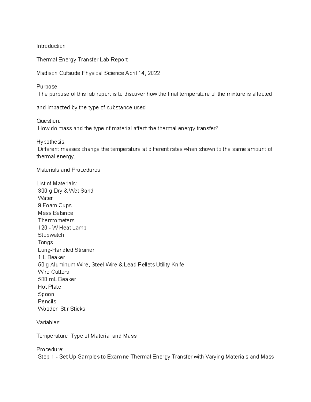 Thermal Energy Transfer Lab Report - PHSC 101 - Studocu