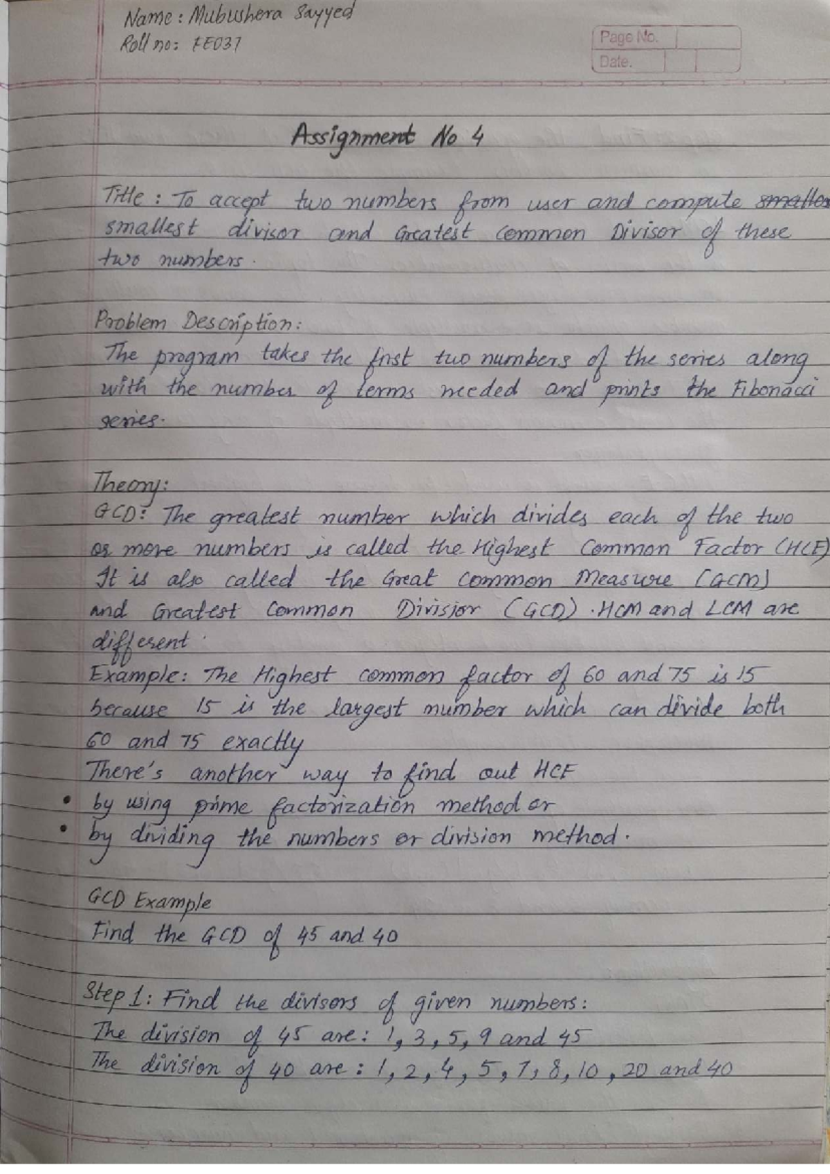 Assignment No. 4 - HCF and LCM Calculation in Python (B.101) - Studocu