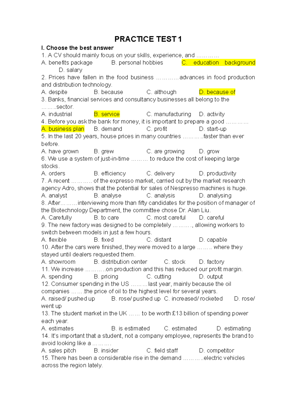 Practice Test 1: Business English Skills Assessment - Studocu