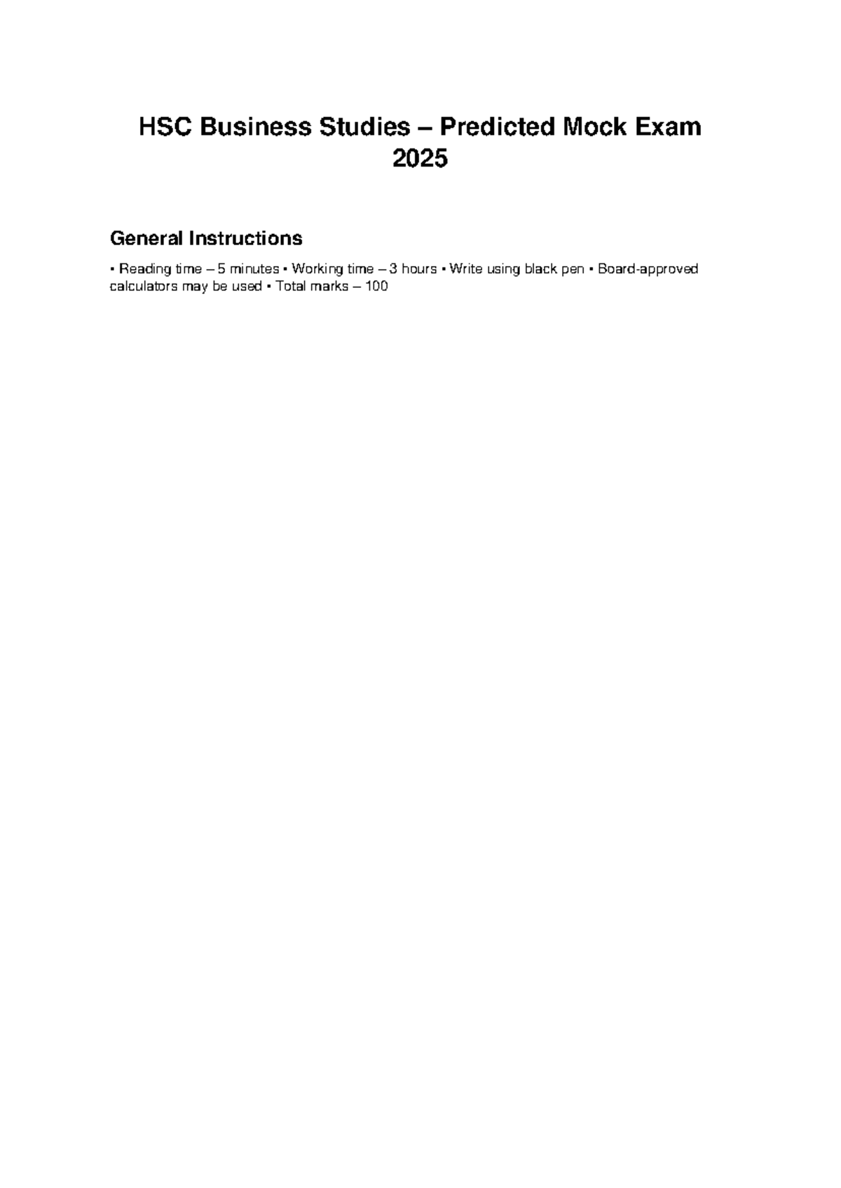 HSC Business Studies Predicted Mock Exam 2025 Guide - Studocu
