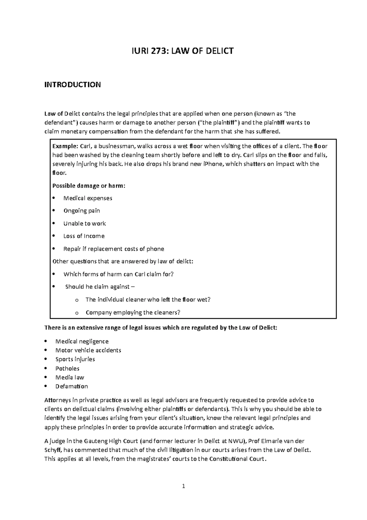 IURI 273 Final Exam Notes: Law of Delict Overview and Principles - Studocu