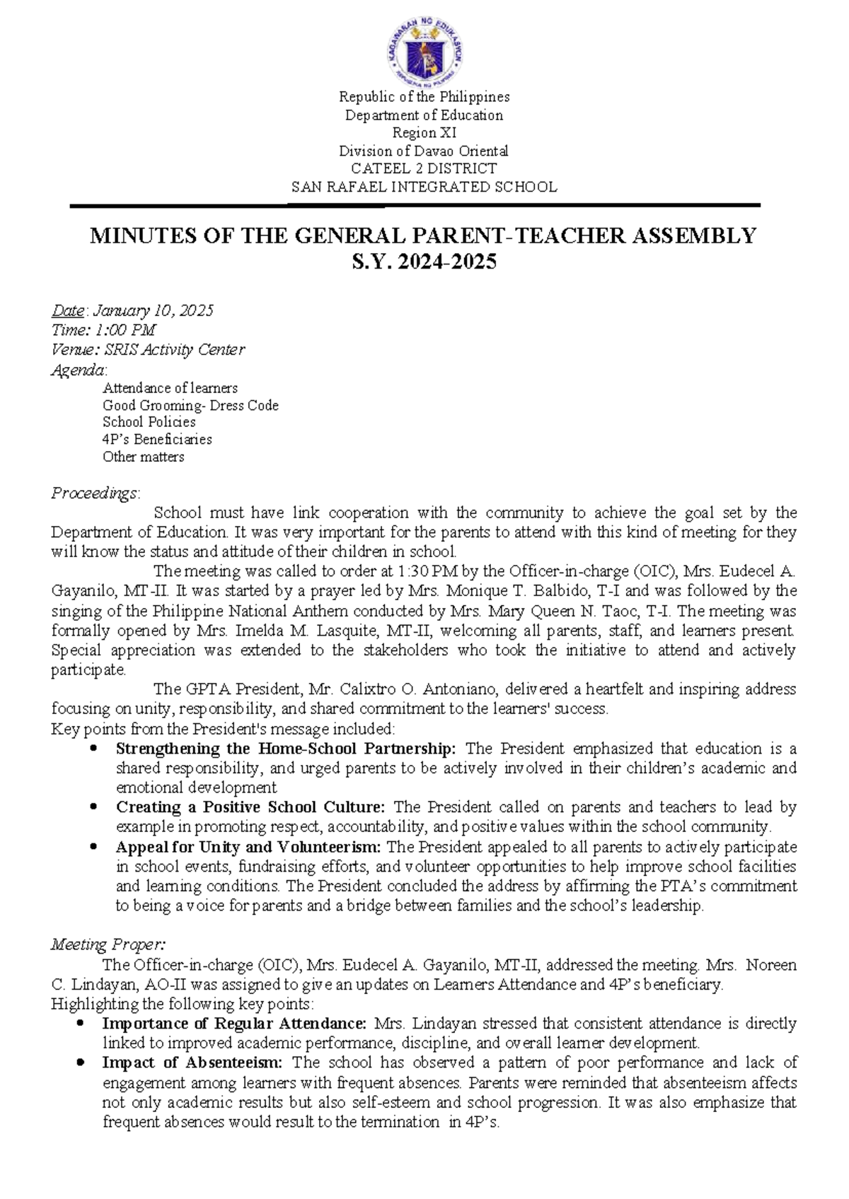 Minutes of the GPTA Meeting - SRIS - January 10, 2025 - Studocu